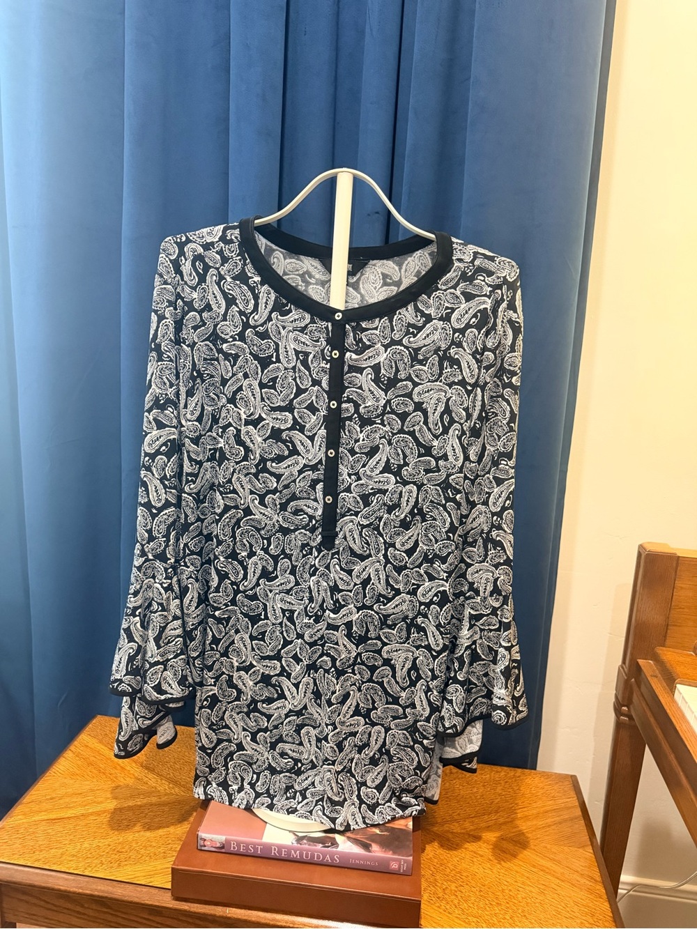 Investments Black and White Paisley Bell-Sleeve Top
